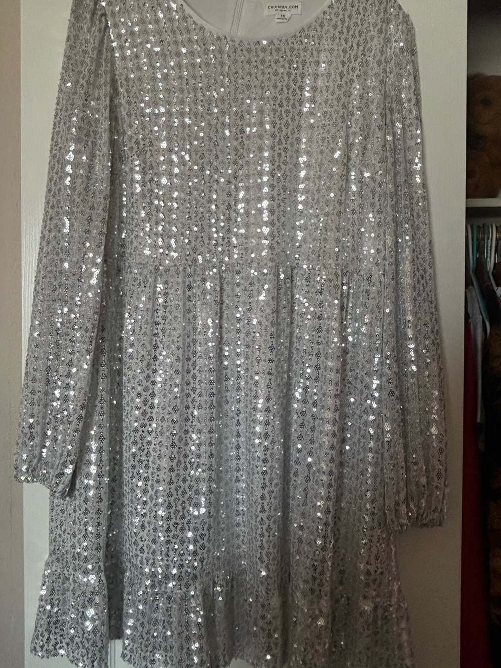 White Silver Sequin Long Sleeve Women’s Dress